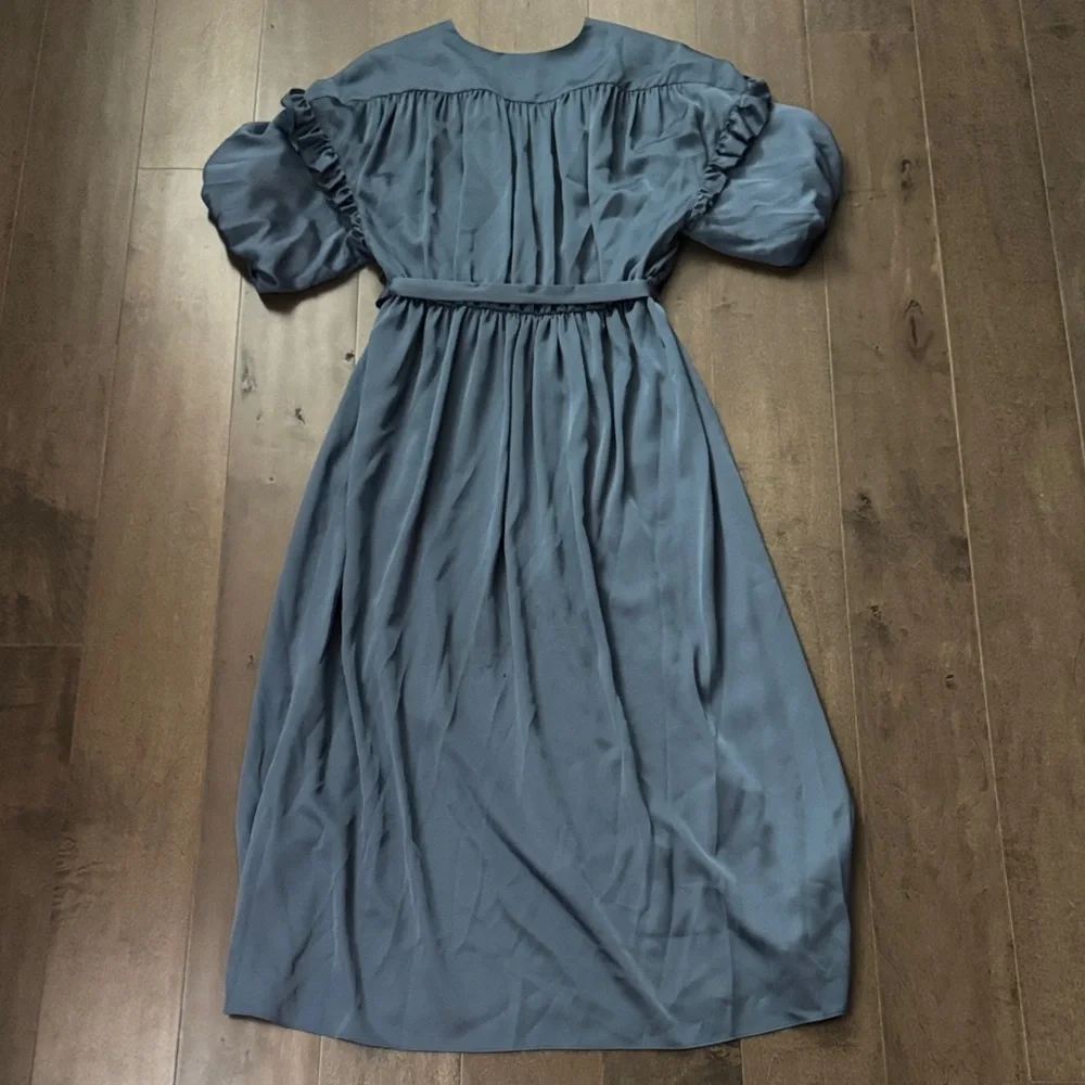 Kate Spade Blue Belted Midi Dress Size 0 Puff Sleeve A-Line Flaw
